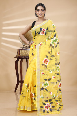 PuJoy Floral Print Handloom Cotton Blend Saree(Yellow)