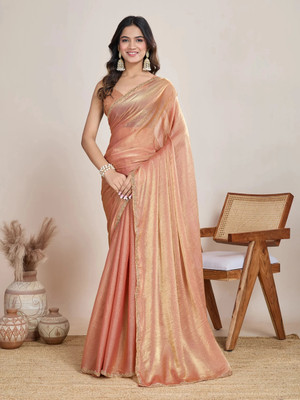 JJ FASHION Solid/Plain Bollywood Chiffon Saree(Gold)