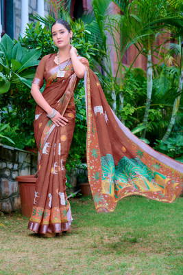Moda Rapido Printed Daily Wear Cotton Linen Saree(Brown)