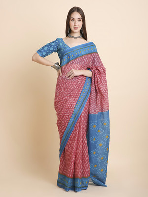 RATAN Printed Ikkat Pure Cotton Saree(Pink)
