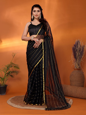 Tasrika Striped, Solid/Plain Bollywood Chiffon Saree(Black)