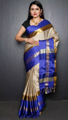 Mortal Textile Printed Handloom Cotton Silk Saree(Light Blue)