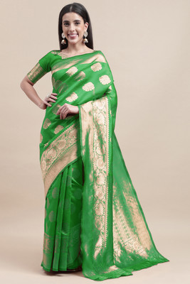 manvaa Woven Banarasi Silk Blend Saree(Green)