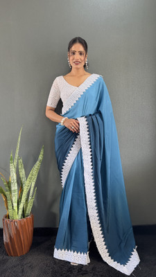 Julee Solid/Plain Bollywood Chiffon Saree(Light Blue)