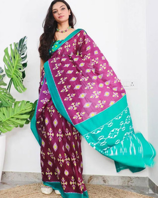 HangerStories Digital Print Ikkat Cotton Linen Saree(Magenta)