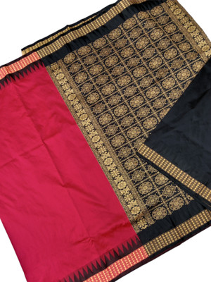 Hozaifa Sarees Temple Border, Solid/Plain Sambalpuri Art Silk Saree(Maroon, Pink)