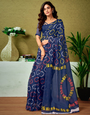 Divastri Floral Print, Geometric Print, Printed Sambalpuri Chanderi, Cotton Blend Saree(Blue)