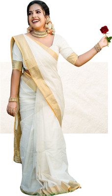 ShriSaree Striped Bollywood Pure Cotton Saree(White)