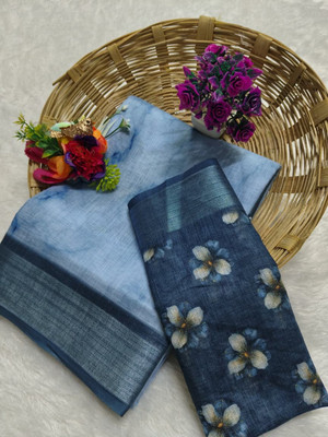 Gajal Printed Kanjivaram Pure Cotton, Cotton Linen Saree(Blue)