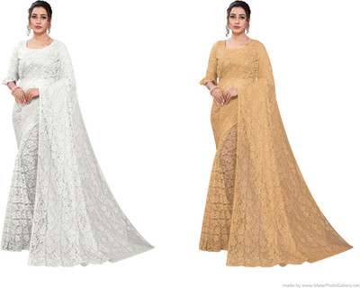 Nilkanthvarni Creation Self Design Bollywood Net Saree(Pack of 2, White, Beige)