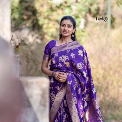 Upalksh Woven, Printed, Applique, Embellished Banarasi Jacquard, Cotton Silk Saree(Purple)