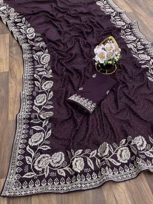 DEV SHREE SILK Embroidered, Embellished Bollywood Chiffon Saree(Brown)