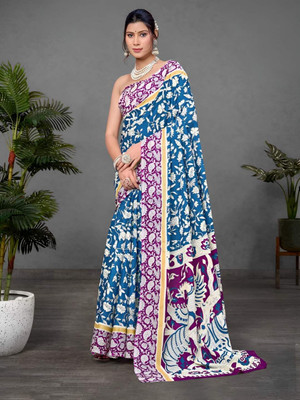 Munir Clothing Printed Daily Wear Cotton Blend Saree(Blue)