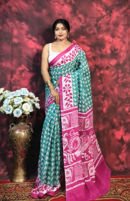 SARATHITEXTILE Color Block Hand Batik Cotton Blend Saree(Light Blue)