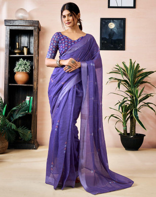 Tasrika Floral Print, Geometric Print, Printed Daily Wear Chanderi, Cotton Linen Saree(Purple)