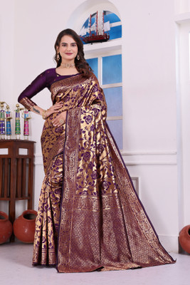 R.V.FASHION Printed, Woven Banarasi Cotton Silk Saree(Purple)