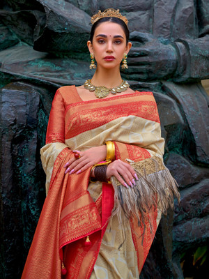 Sareemall Woven Banarasi Silk Blend Saree(Orange)