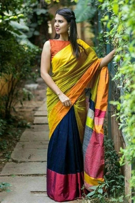 HouseOfCommon Color Block Handloom Cotton Silk Saree(Multicolor)