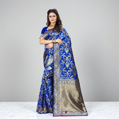 SAREEFLAME Embellished, Solid/Plain, Self Design, Striped, Temple Border, Floral Print, Woven Banarasi Art Silk, Cotton Silk Saree(Blue)