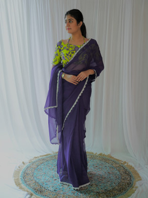 LeeliPeeri Designer Solid/Plain, Embroidered Bollywood Silk Blend Saree(Purple)