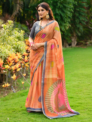Anouk Rustic Printed Tant Cotton Blend Saree(Orange)