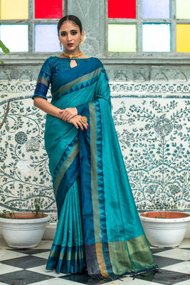 HouseOfCommon Striped Banarasi Pure Silk Saree(Blue)