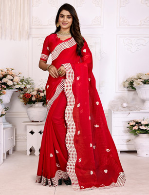 DRASHTI ART Embroidered Bollywood Satin Saree(Red)