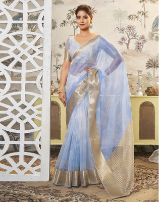 Satrani Printed, Woven, Embellished Banarasi Organza Saree(Blue, White)