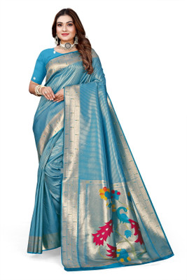 Owlsky Woven Kanjivaram Art Silk Saree(Blue)