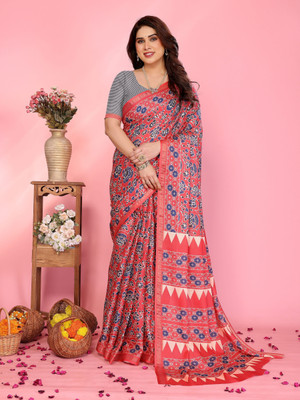 Soor Panchi Printed Bollywood Cotton Silk Saree(Red)