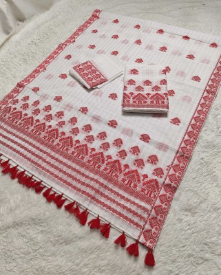 Skiran's Printed Mekhela Chador Cotton Blend Saree(White)