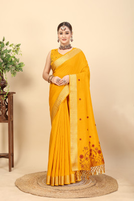 J6 Designers Embroidered Bollywood Cotton Blend Saree(Yellow)