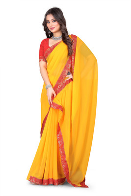 Kasumbo Tex Solid/Plain Banarasi Georgette Saree(Yellow)