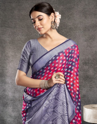 Samah Dyed, Self Design, Woven Banarasi Georgette Saree(Dark Blue, Red, Silver)