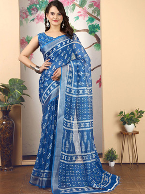 ANOUK Printed Saree with Attached Blouse Linen Saree(Blue)