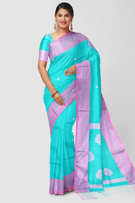 TANTVITHI Woven, Printed Handloom Khadi Saree(Light Blue, Pink)