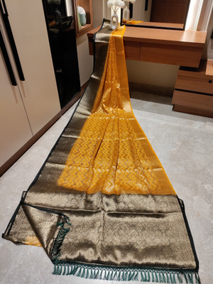 A K Traders Woven Banarasi Organza Saree(Yellow, Black)