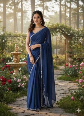Albira Creation Solid/Plain, Embellished Bollywood Georgette Saree(Dark Blue)