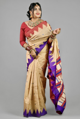 AJMERA FAISHON Temple Border Sambalpuri Cotton Blend Saree(Cream)