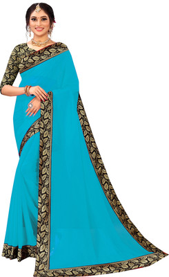 Georgette Saree Solid/Plain, Self Design, Dyed Bollywood Georgette, Chiffon Saree(Blue)