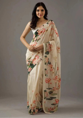 Panchvati NX Floral Print Bollywood Crepe Saree(Cream)