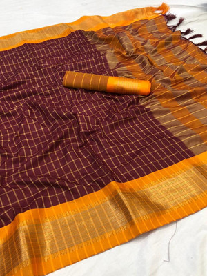 KCF Checkered Handloom Cotton Silk Saree(Purple)