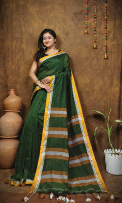 Anidipta collection Self Design Handloom Cotton Blend Saree(Dark Green)