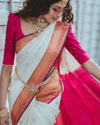 Rudr Venture Graphic Print Banarasi Silk Blend Saree(White)