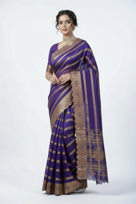 Drapasya Striped, Woven, Self Design Bollywood Tissue, Silk Blend Saree(Purple)