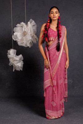 MIRCHI FASHION Printed, Blocked Printed Bandhani Georgette, Chiffon Saree(Pink, White)