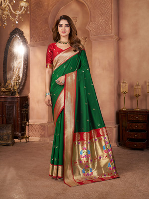 Pandadi Saree Printed Paithani Cotton Silk Saree(Green)