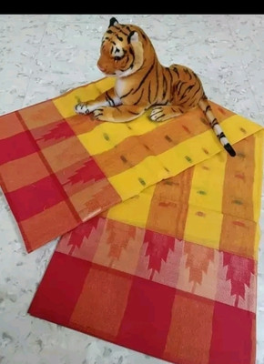 Pal Handloom Self Design Tant Pure Cotton Saree(Red, Yellow)