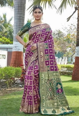 ekadanta Woven, Geometric Print, Embellished, Self Design Banarasi Silk Blend Saree(Purple)