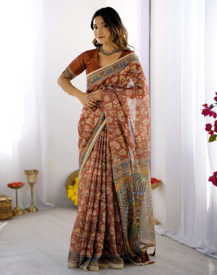 Tasrika Floral Print, Geometric Print, Embellished Handloom Linen Saree(Brown)